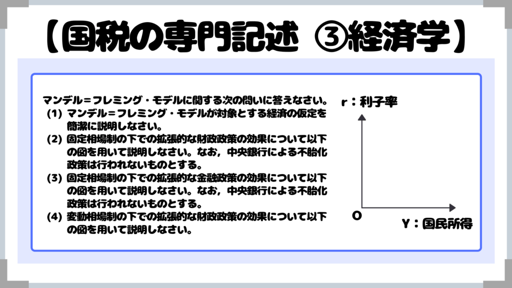 マンデル＝フレミング・モデルに関する次の問いに答えなさい。 (1) マンデル＝フレミング・モデルが対象とする経済の仮定を 　　 簡潔に説明しなさい。 (2) 固定相場制の下での拡張的な財政政策の効果について以下 　　 の図を用いて説明しなさい。なお，中央銀行による不胎化 　　 政策は行われないものとする。 (3) 固定相場制の下での拡張的な金融政策の効果について以下 　　 の図を用いて説明しなさい。なお，中央銀行による不胎化 　　 政策は行われないものとする。 (4) 変動相場制の下での拡張的な財政政策の効果について以下 　　 の図を用いて説明しなさい。