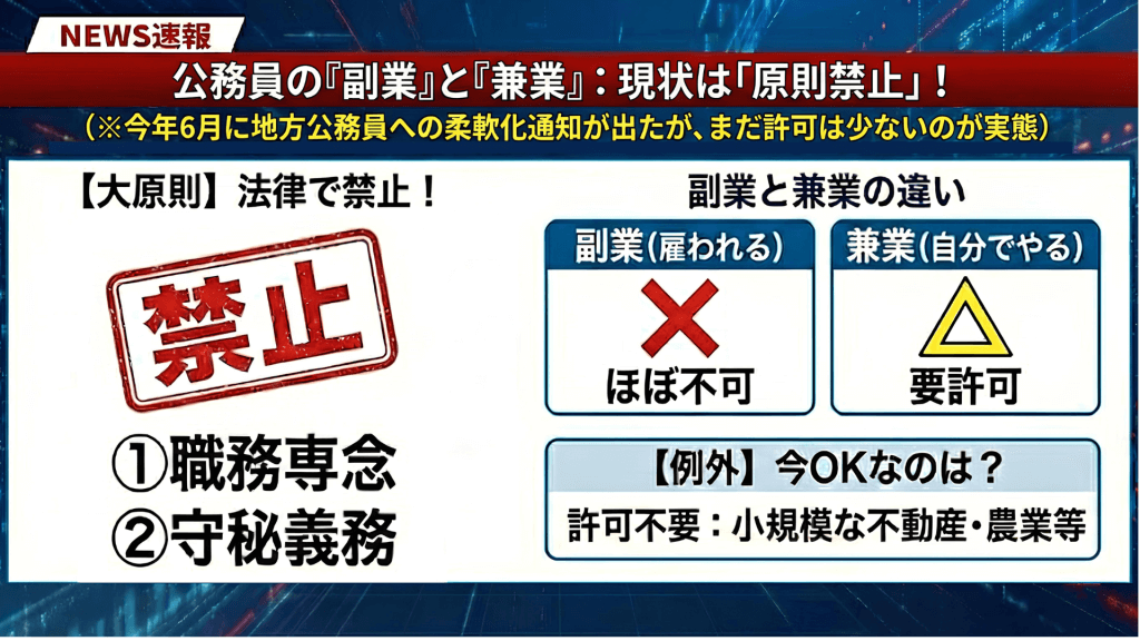 公務員の副業と兼業についてまとめたスライド画像。原則として公務員はどちらも基本的には禁止されており、例外として小規模な不動産や農業等があった。またとくに副業はほぼ不可とされている。