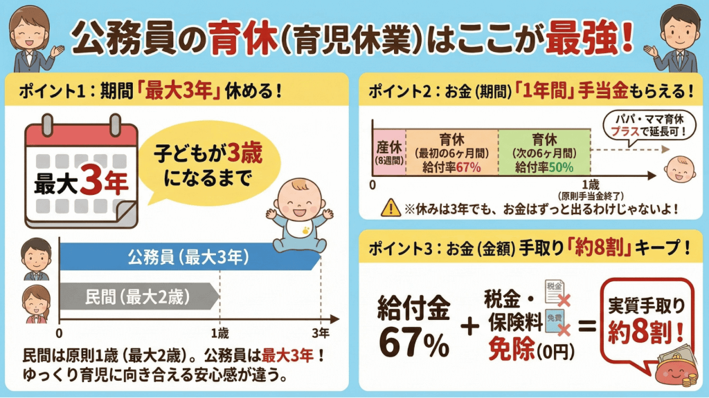 公務員の育休の特徴をまとめた画像。最大3年であること、1年間手当金がもらえること、税金や保険料がかからないため実質手取りは8割ほどになることがまとめられている。