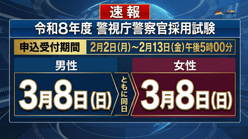警視庁警察官採用試験が２/２～２/１３の17：00までの短い期間となっている。試験日は3/8。