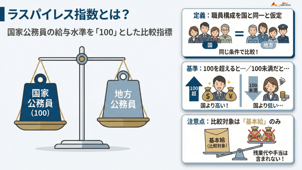 ラスパイレス指数とは国家公務員の給与水準を100とした時に、その自治体の給与がどれくらいか」を示した数値