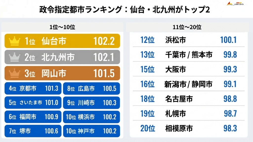 公務員のラスパイレス指数ランキング、政令指定都市別では仙台（102.2）がトップ、2位北九州市（102.1）岡山市（101.5）と続く