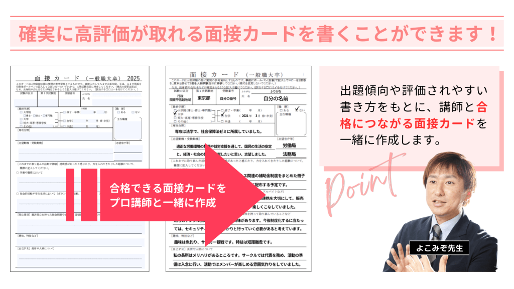 確実に高評価が取れる面接カードの作成指導。実際の記入例と、プロ講師（よこみぞ先生）が一緒に出題傾向に合わせた内容を作成するサポートについて。