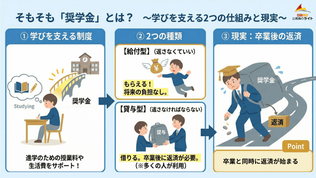 「そもそも『奨学金』とは？」と題された解説スライド。学びを支える制度として、返済不要の「給付型」と返済が必要な「貸与型」の2種類があることを対比。右側には「現実：卒業後の返済」として、重い荷物を背負って返済の道を歩む学生のイラストがあり、卒業と同時に返済が始まることを強調している。