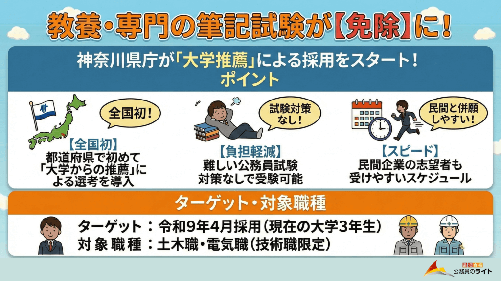 神奈川県庁が全国の都道府県で初めて導入した「大学推薦」による選考の解説。教養・専門の筆記試験が免除されるため試験対策の負担が軽く、民間企業と併願しやすいスケジュールであること。令和9年4月採用の土木職・電気職(現在の大学3年生)が対象。