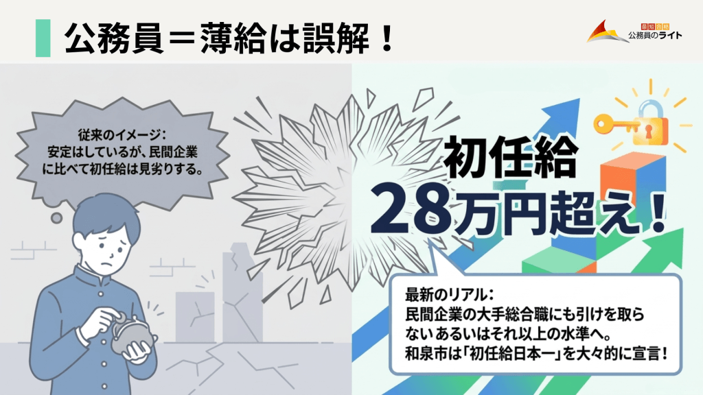 「公務員＝薄給は誤解！」と題された解説画像。左側には「安定はしているが民間企業に比べて初任給は見劣りする」という従来のイメージが描かれ、右側には「初任給28万円超え！」という大きな文字とともに、和泉市が「初任給日本一」を宣言し、民間大手総合職にも引けを取らない水準になっているという最新のリアルが示されています。