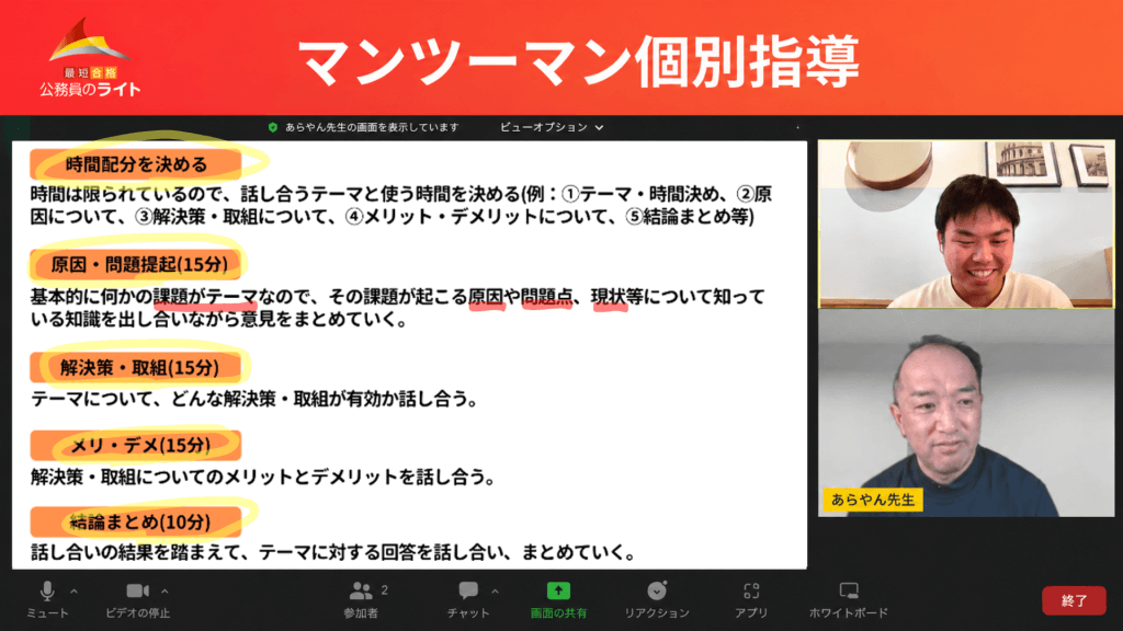 あらやん先生による「マンツーマン個別指導」の様子を示すオンライン通話の画面スクリーンショット。画面共有機能を使って「時間配分」「原因・問題提起（15分）」「解決策・取組（15分）」「メリ・デメ（15分）」「結論まとめ（10分）」といったグループワーク等の進行手順の資料が映し出されており、右側には受講生とあらやん先生がオンラインで面談している様子が確認できます。
