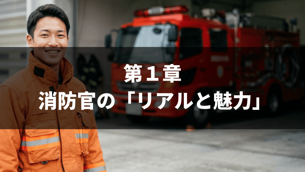 ALT: 茶色と オレンジ色の消防服を着用した消防士が、背後の赤い消防車の前で笑顔で立っている。「第1章 消防官のリアルと魅力」というテキストがオーバーレイされた、講座導入画像。