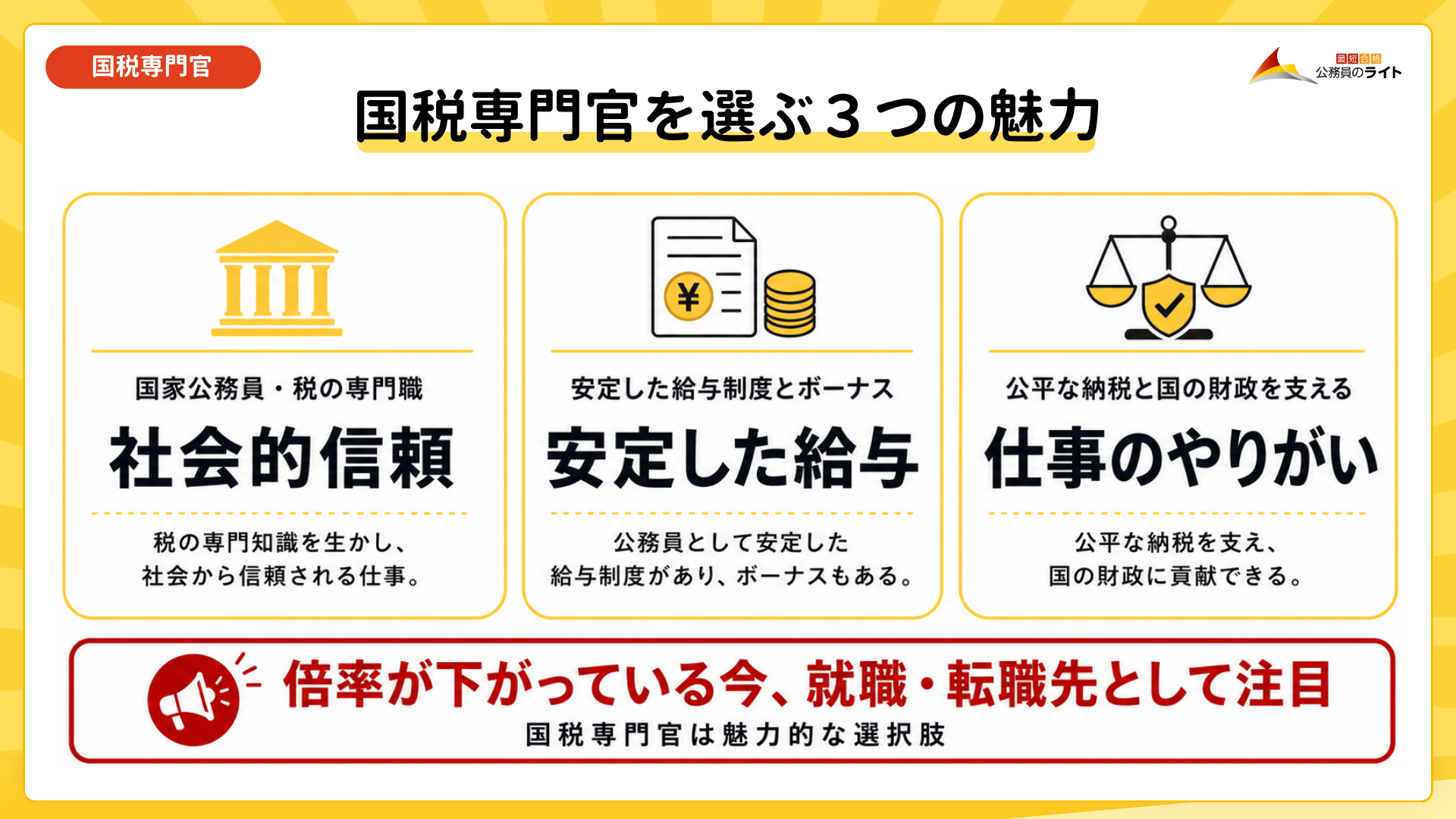 国税専門官を選ぶ3つの魅力(社会的信頼・安定した給与・仕事のやりがい)