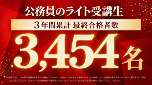 公務員のライト受講生 3年間累計 最終合格者数3,454名（2024年度〜2026年度・2026年9月24日時点）