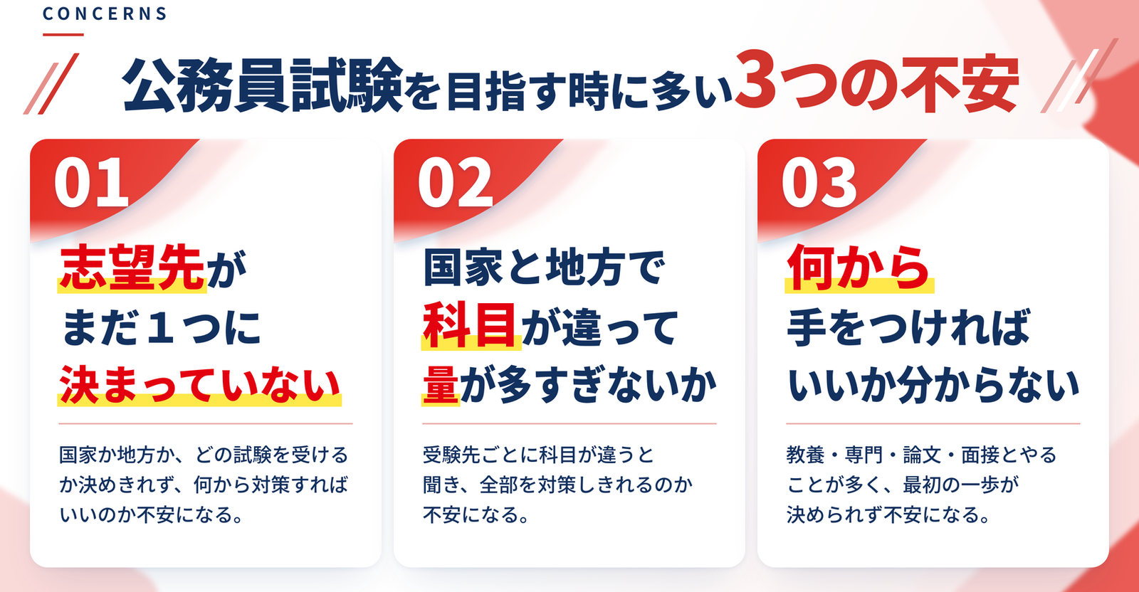 公務員試験を目指す時に多い3つの不安｜志望先がまだ１つに決まっていない／国家と地方で科目が違って量が多すぎないか／何から手をつければいいか分からない